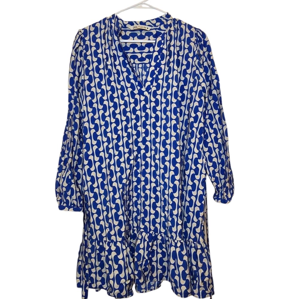 Zara Blue and White Midi Sundress with Bishop Sleeves